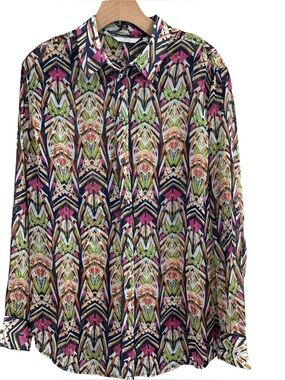 Zoa New York Semi-Sheer Button-up Blouse Vibrant Geometric Large